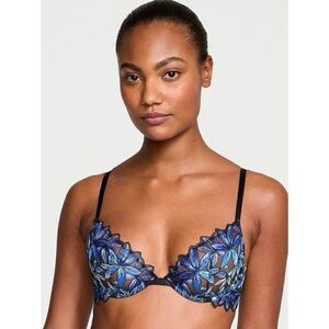 Victoria’s Secret Blue Black Floral Lace Very Sexy Low Cut Demi Bra Sz 32B Fairy